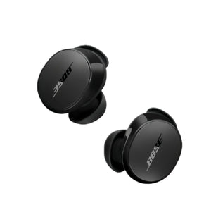A pair of classic Triple Black Bose QuietComfort Earbuds, showcasing their sleek, round shape and iconic logo on a white background.
