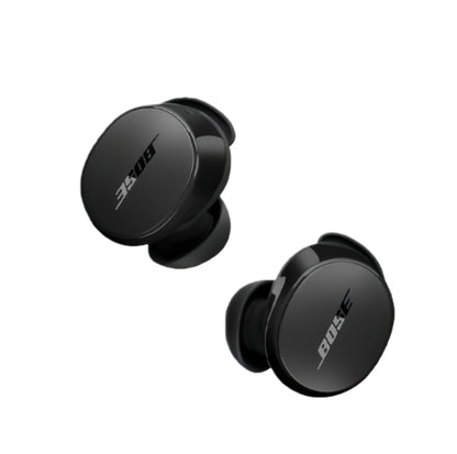 A pair of classic Triple Black Bose QuietComfort Earbuds, showcasing their sleek, round shape and iconic logo on a white background.