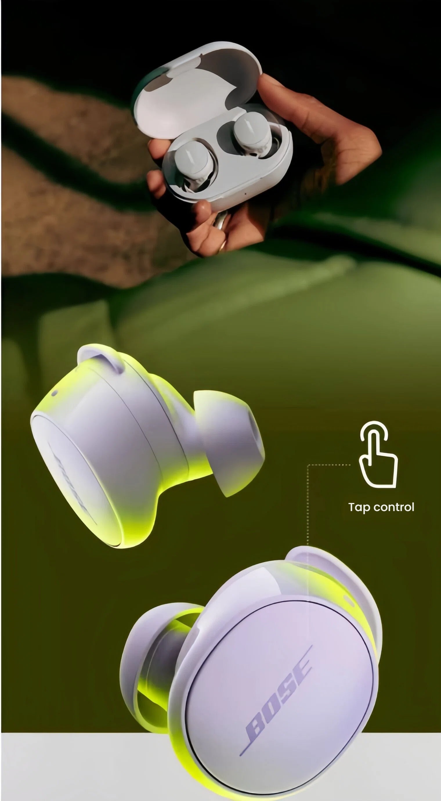 A composite image showing the Bose QuietComfort Earbuds in their charging case and a close-up highlighting the simple "Tap control" feature for easy management of music and calls.