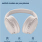 An infographic showcasing the customizable noise cancellation of the Bose QuietComfort Headphones, detailing the three main settings: Quiet Mode for blocking distractions, Aware Mode for full transparency, and Custom Mode for a personalized experience.

