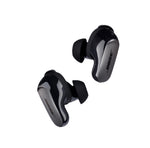 A pair of Bose QuietComfort Ultra Earbuds in the Black color, highlighting their polished metallic finish and ergonomic shape for secure, all-day wear.