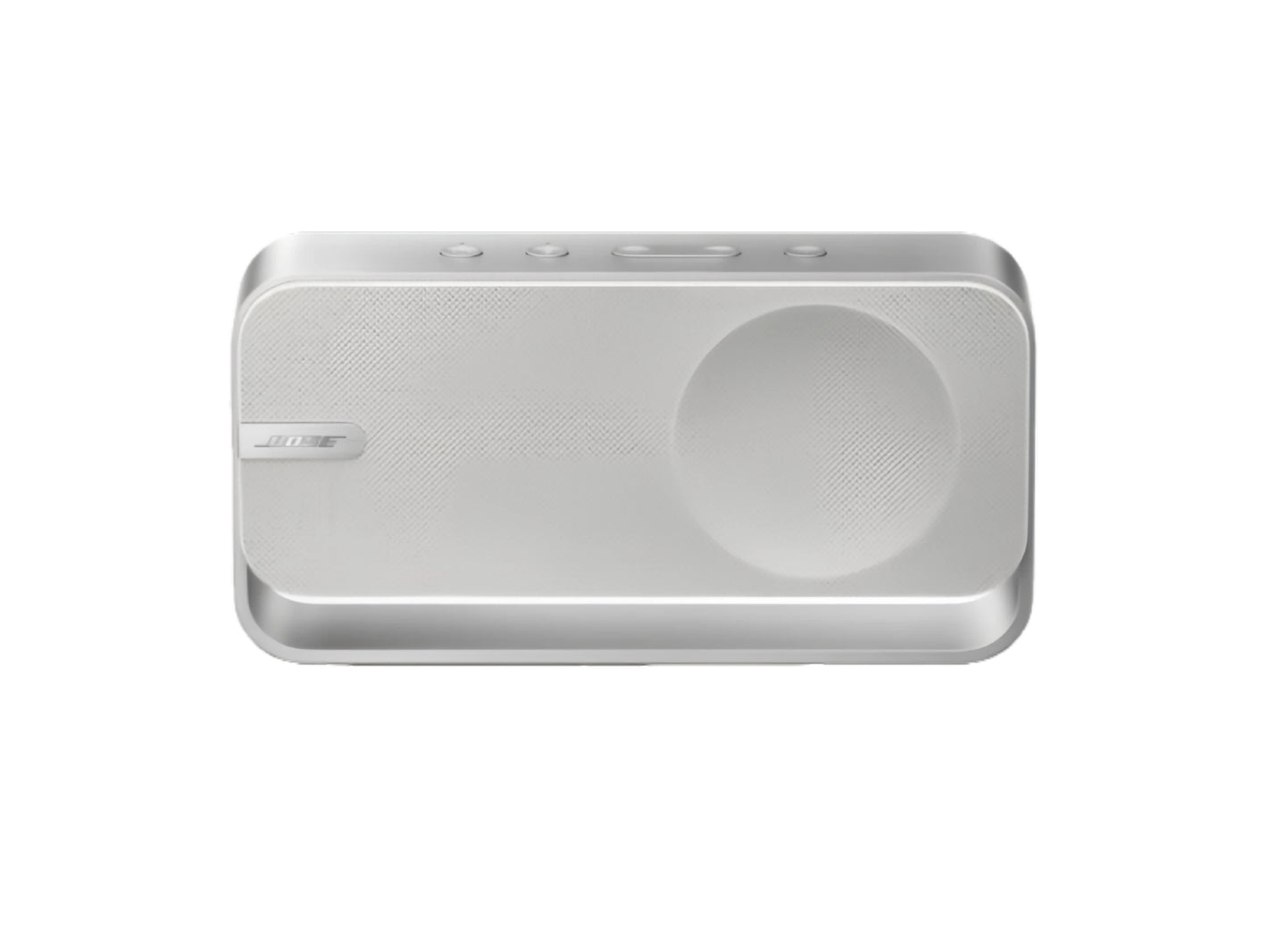 A top-down view of the Bose SoundLink Home Bluetooth Speaker in a clean, silver finish, showcasing its minimalist design, textured speaker grille, and simple control buttons.