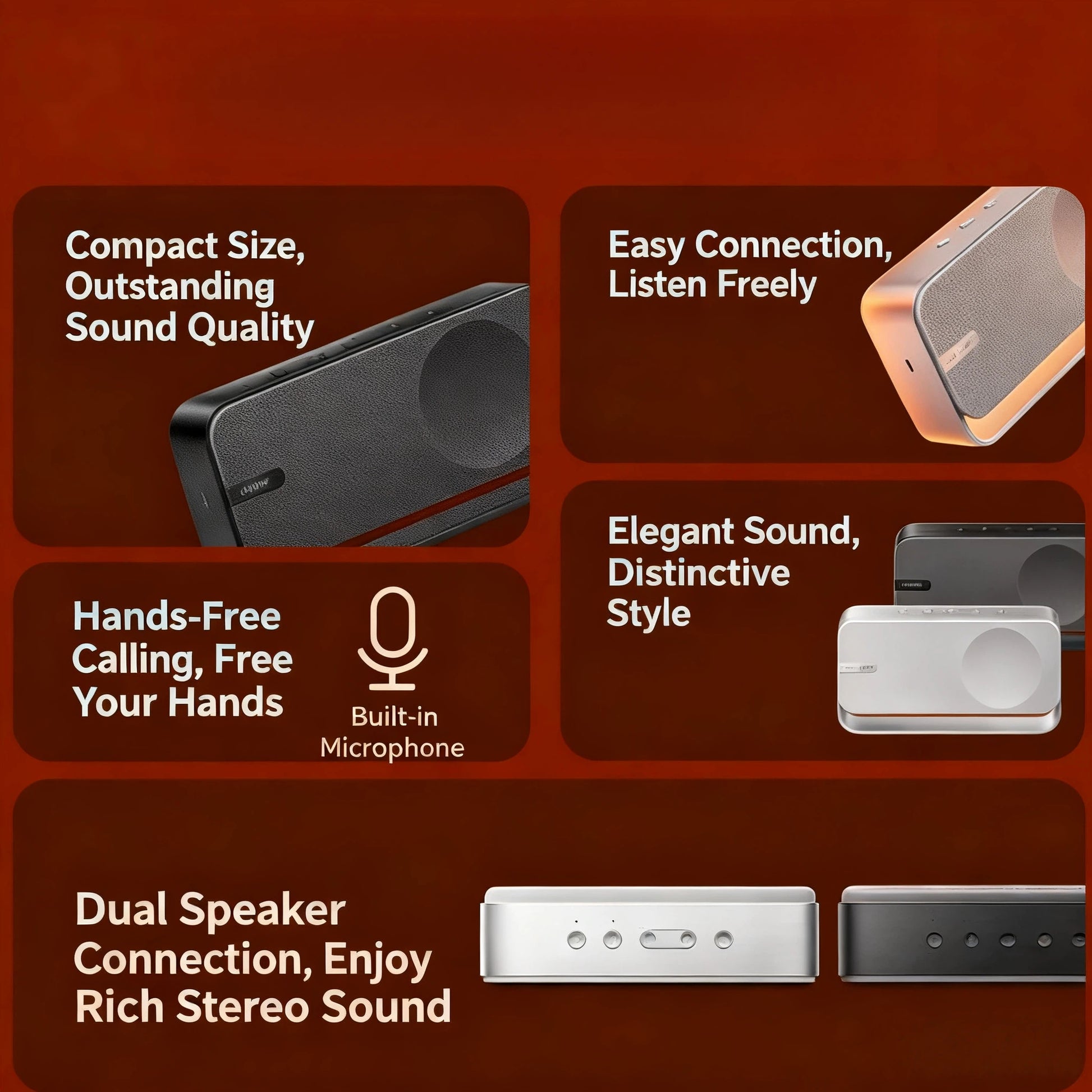 A collection of close-up shots of the Bose SoundLink Home Speaker, focusing on the fine details like the Bose logo, the intuitive control panel, and the high-quality finish on both the silver and black models.