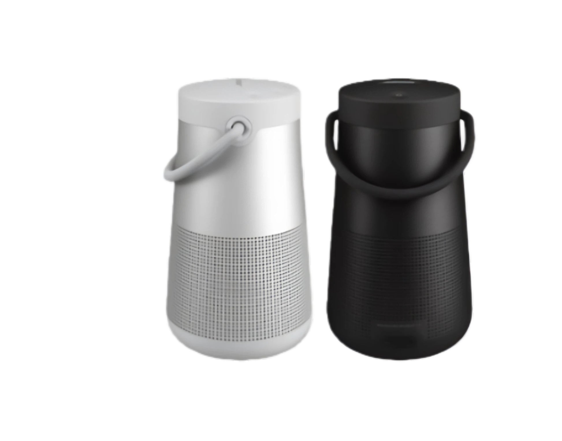 A side-by-side view of the Bose SoundLink Revolve+ II portable Bluetooth speaker, showcasing the two available colors: the elegant Luxe Silver and the classic Triple Black.