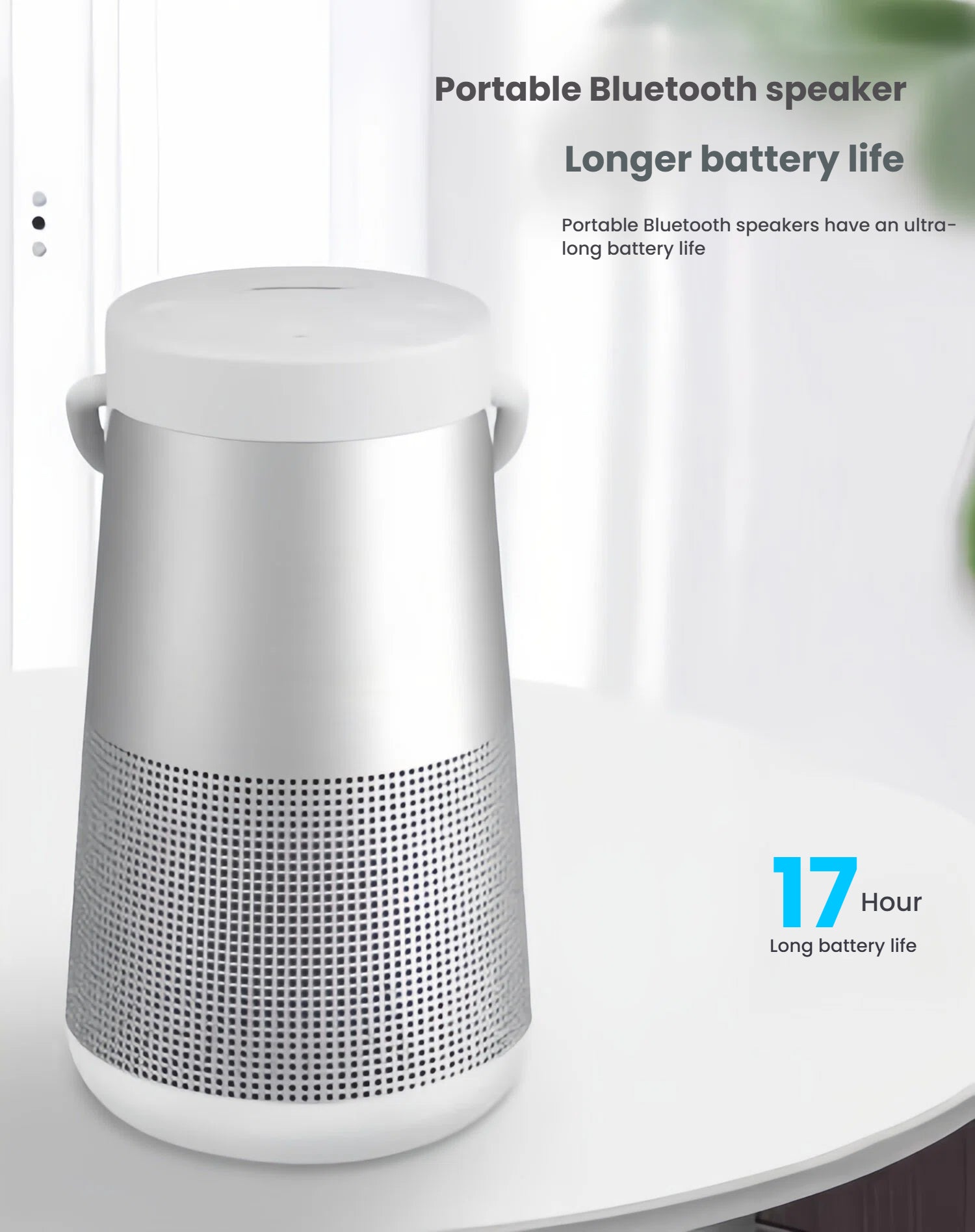 A close-up of the silver Bose SoundLink Revolve+ II portable speaker, emphasizing its ultra-long battery life that provides up to 17 hours of continuous music playtime on a single charge.
