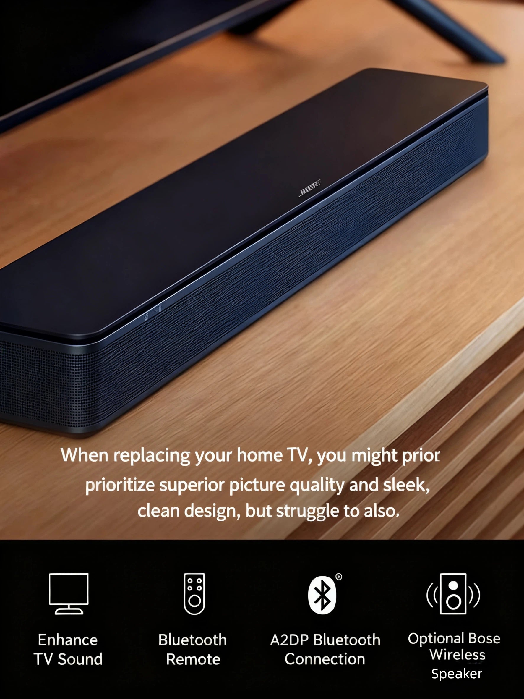 The Bose TV Speaker in a living room setting with icons summarizing its key features: enhances TV sound, includes a Bluetooth remote, supports A2DP Bluetooth, and is expandable with an optional Bose wireless speaker.