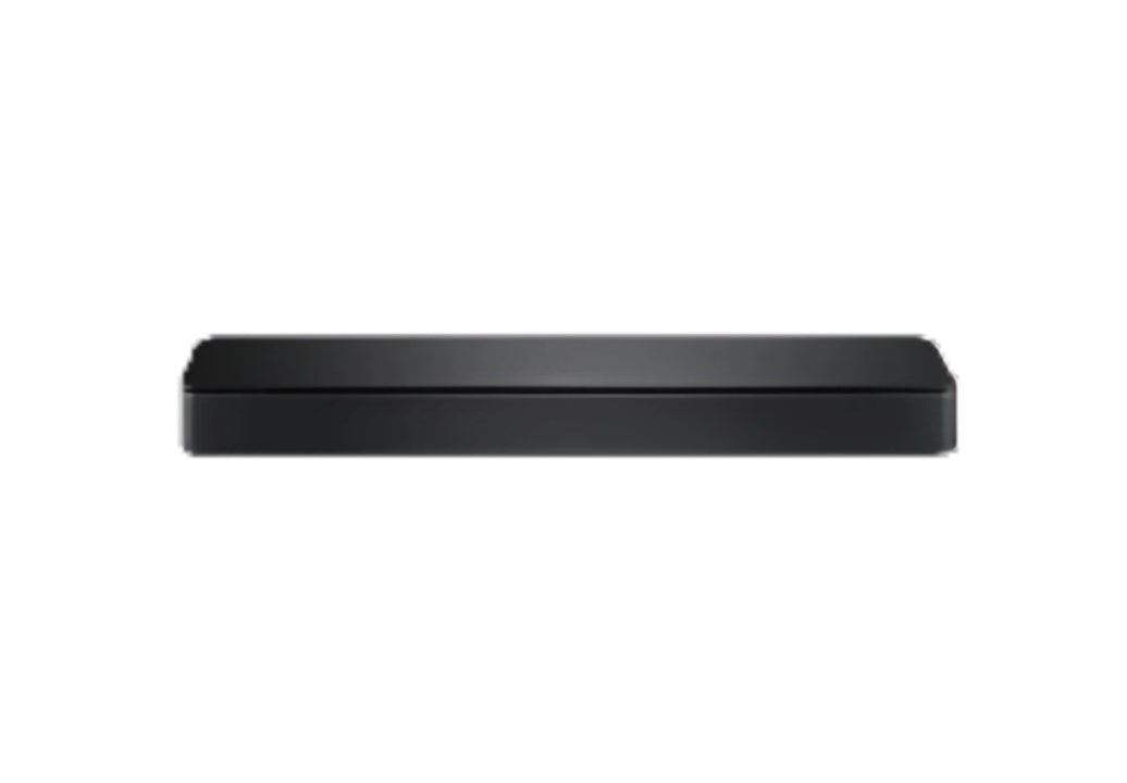 A straight-on front view of the compact and minimalist Bose TV Speaker, showcasing its sleek black design that fits with any home entertainment setup.