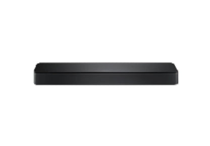 A straight-on front view of the compact and minimalist Bose TV Speaker, showcasing its sleek black design that fits with any home entertainment setup.