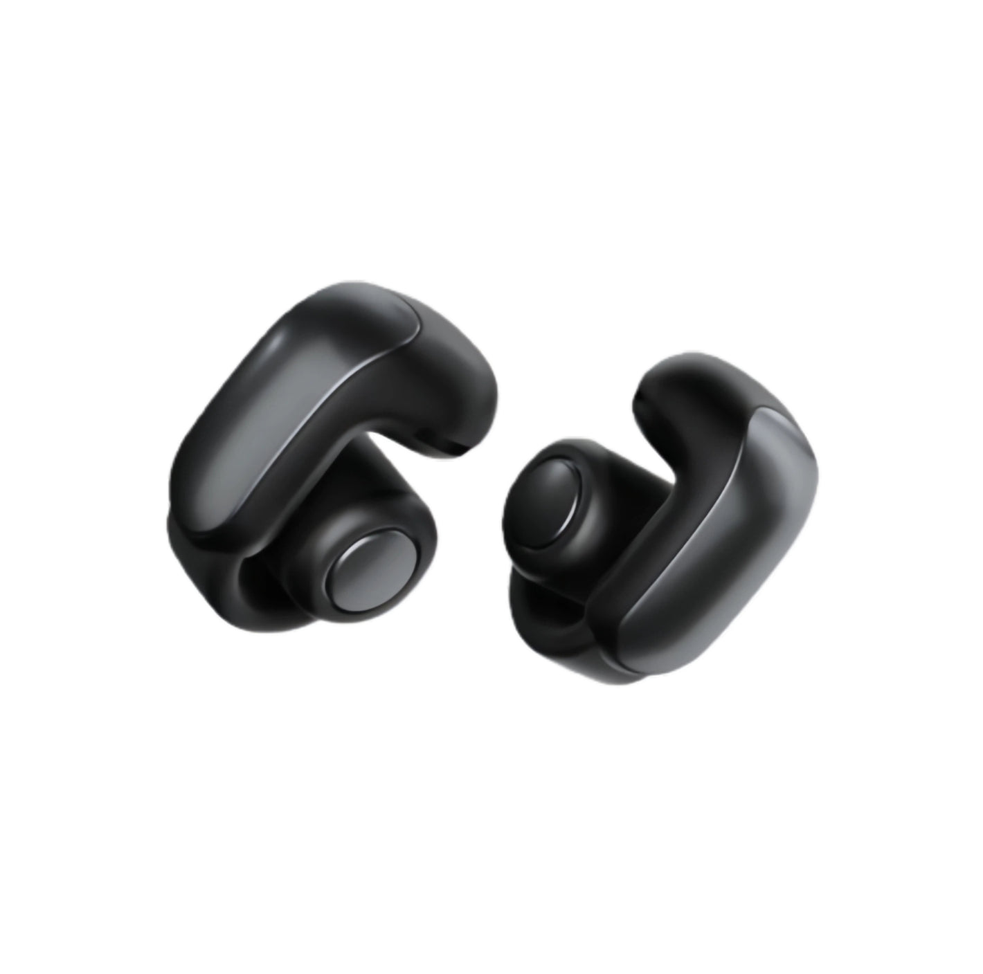 A pair of black Bose Ultra Open Earbuds with a sleek, open-ear design, shown on a clean white background.
