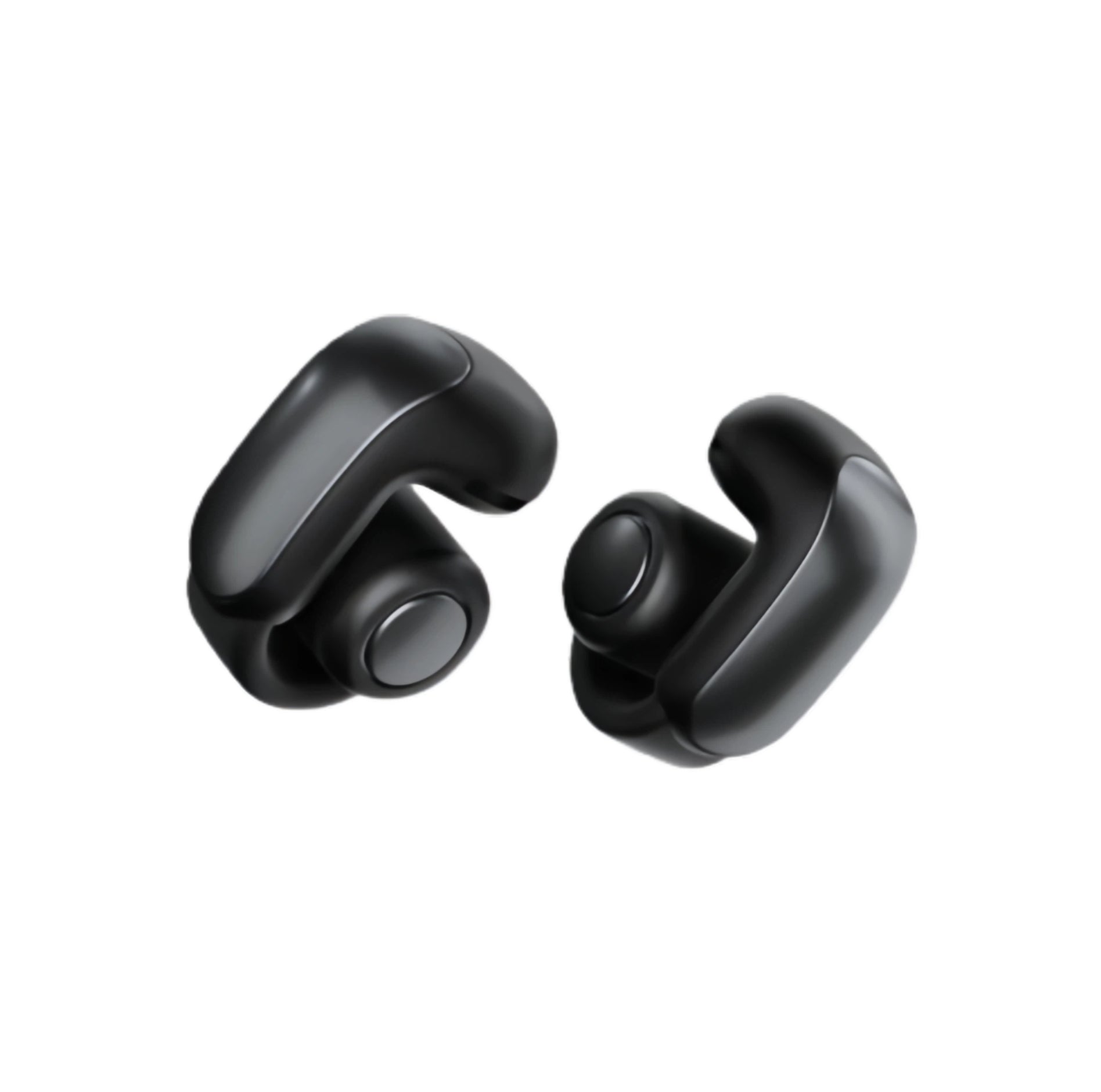 A pair of black Bose Ultra Open Earbuds with a sleek, open-ear design, shown on a clean white background.
