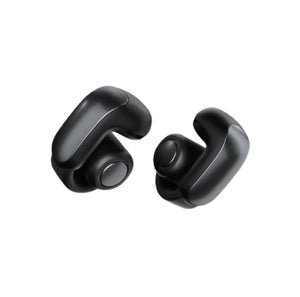A pair of black Bose Ultra Open Earbuds with a sleek, open-ear design, shown on a clean white background.

