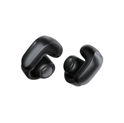 A pair of black Bose Ultra Open Earbuds with a sleek, open-ear design, shown on a clean white background.

