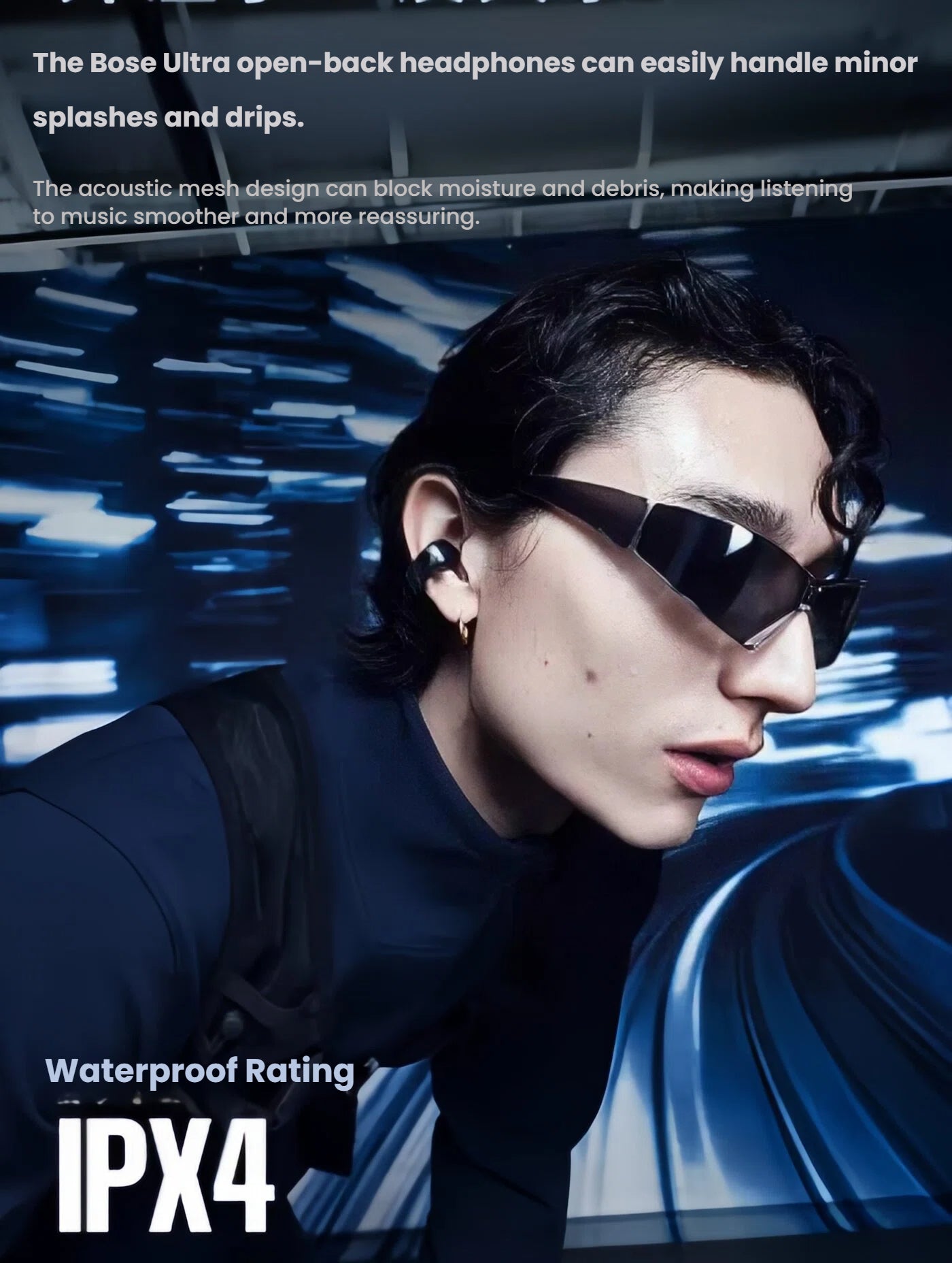 A man wearing the black Bose Ultra Open Earbuds, demonstrating their suitability for active use with an IPX4 waterproof rating that protects against sweat and light splashes.