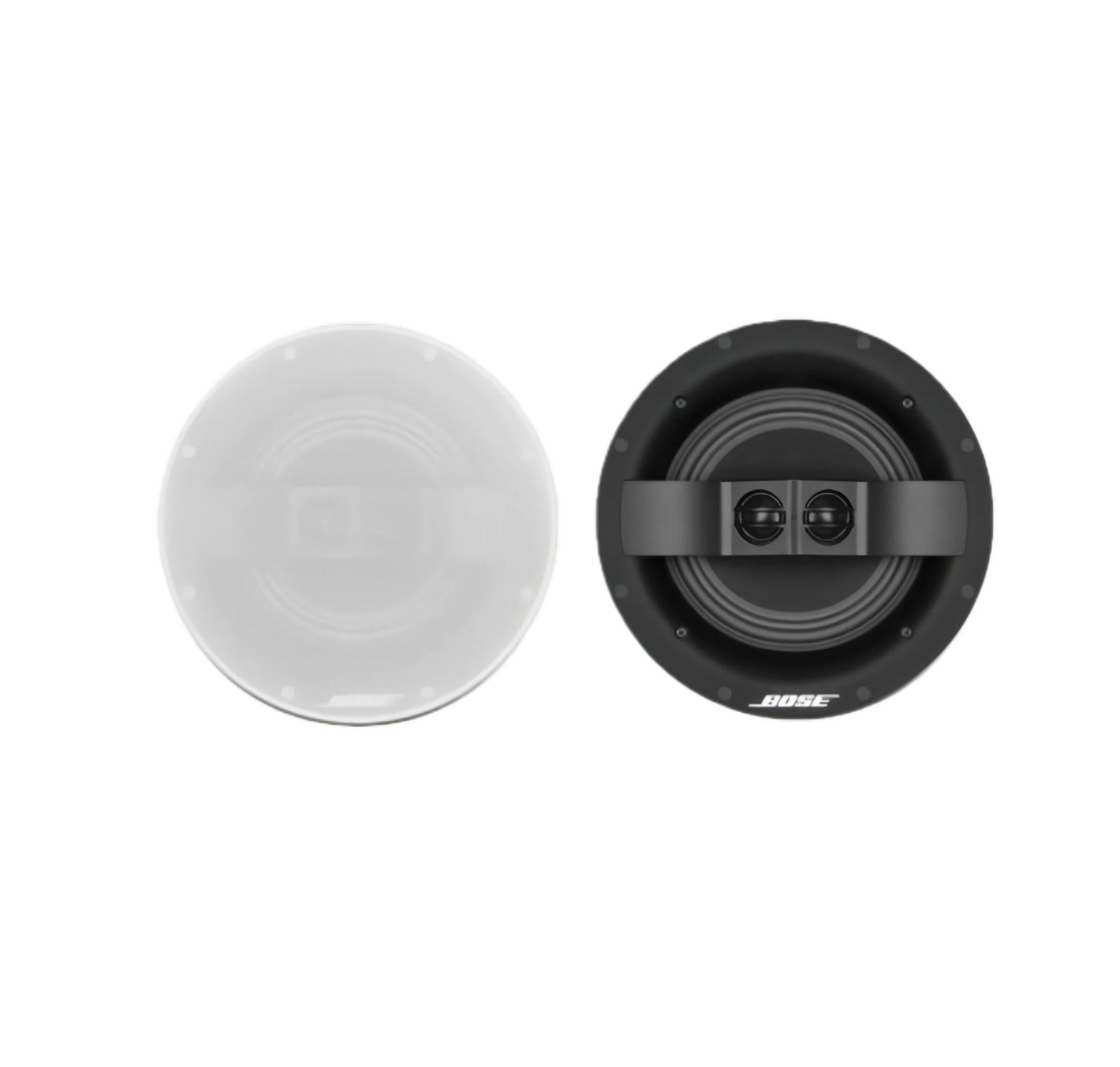 A top-down view of the Bose Virtually Invisible 791 Series II in-ceiling speaker, showing the clean, paintable white grille cover and the speaker unit with its 7-inch woofer and two strategically positioned tweeters.