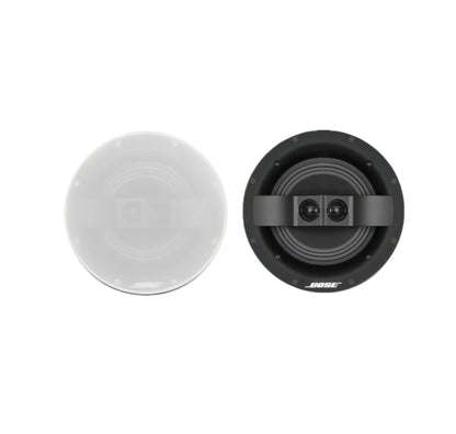 A top-down view of the Bose Virtually Invisible 791 Series II in-ceiling speaker, showing the clean, paintable white grille cover and the speaker unit with its 7-inch woofer and two strategically positioned tweeters.