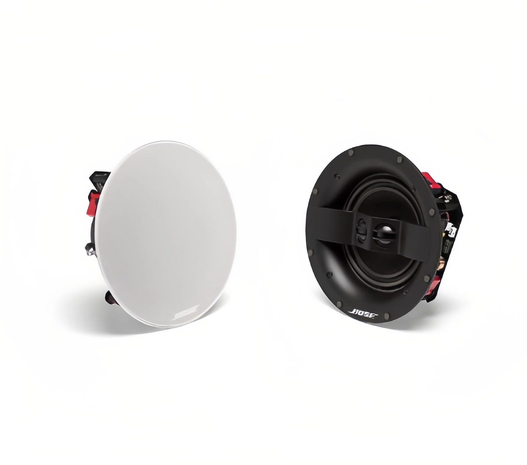 An angled side view of the Bose 791 II speaker with and without its magnetic grille, showing the simple dogleg clamp system for easy and secure installation.