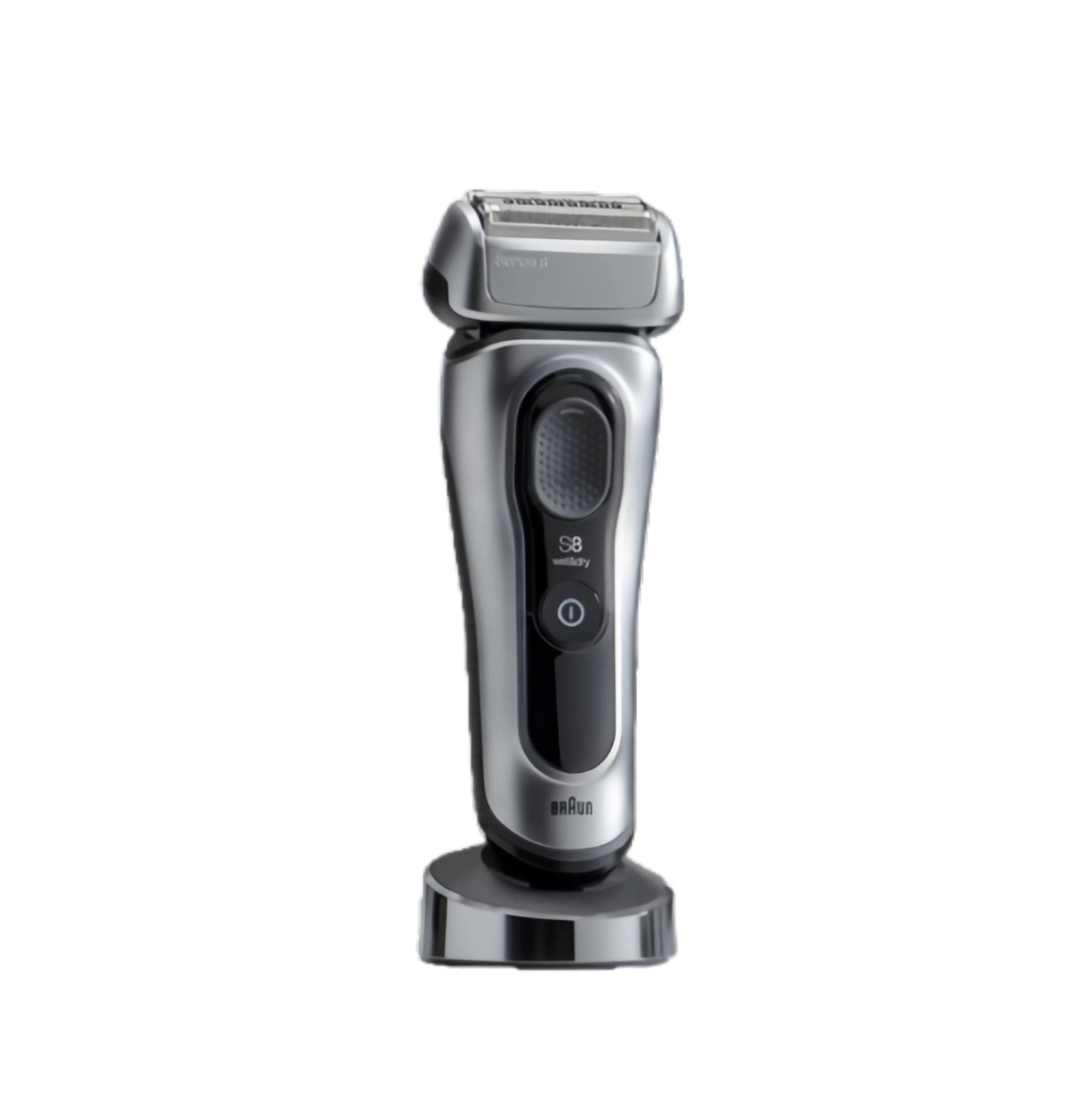 Braun Series 8 electric shaver on its charging stand, highlighting its sleek design and features.