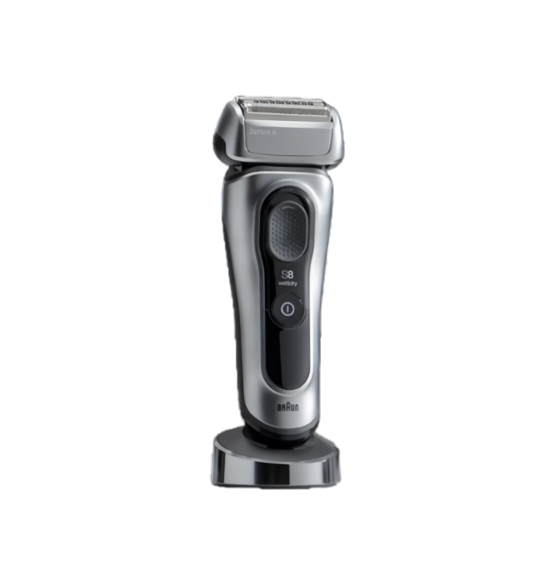 Braun Series 8 electric shaver on its charging stand, highlighting its sleek design and features.