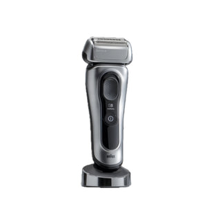 Braun Series 8 electric shaver on its charging stand, highlighting its sleek design and features.