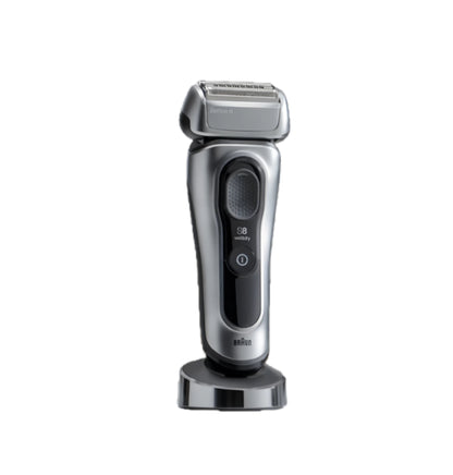 Braun Series 8 electric shaver on its charging stand, highlighting its sleek design and features.