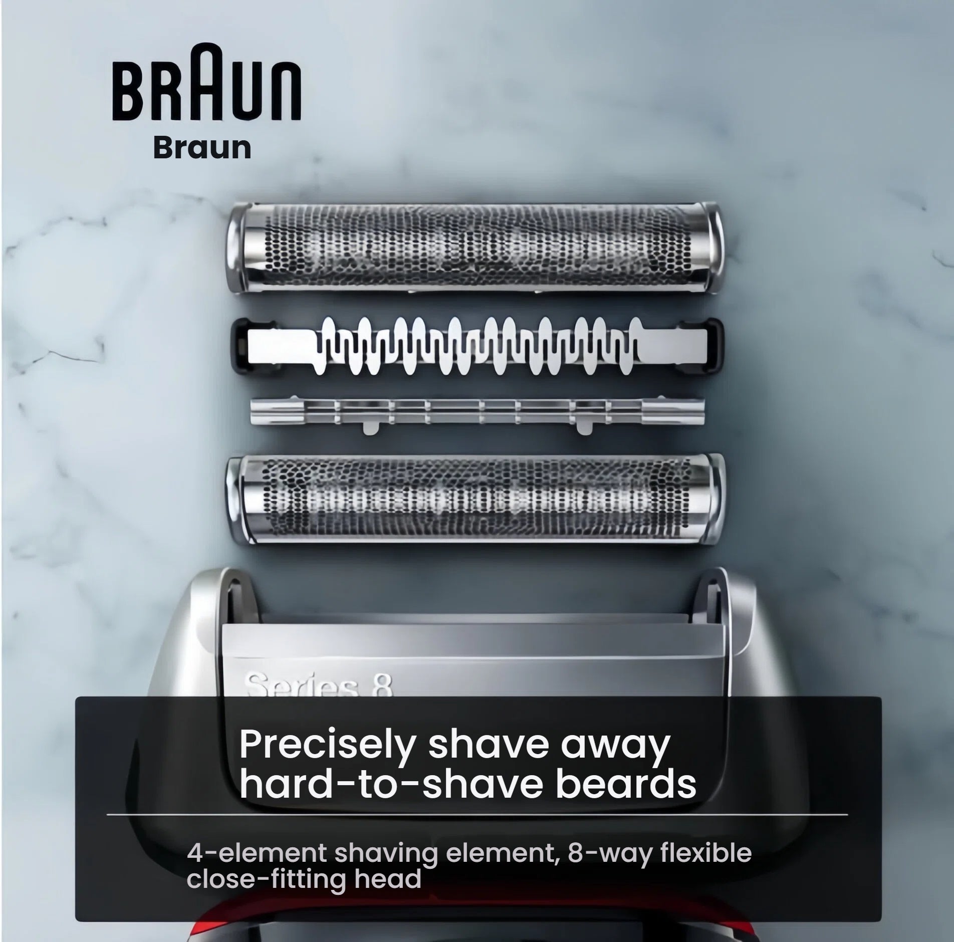 Braun Series 8 shaver with a 4-element shaving element and an 8-way flexible head for precise beard trimming.