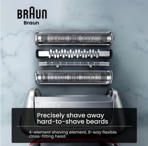 Braun Series 8 shaver with a 4-element shaving element and an 8-way flexible head for precise beard trimming.