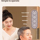 A woman helps a man use the Breo 3D hands-free neck and shoulder massager. The device features one-click start with intuitive buttons for power, mode, heat, and settings—ideal for elderly or first-time users.