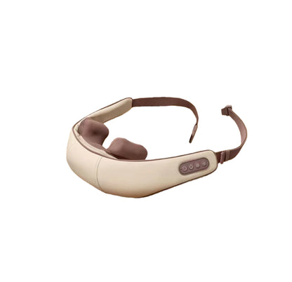 Front view of the Breo 3D hands-free neck and shoulder massager in beige and brown tones, featuring ergonomic design, soft padding, and integrated control panel for easy operation.