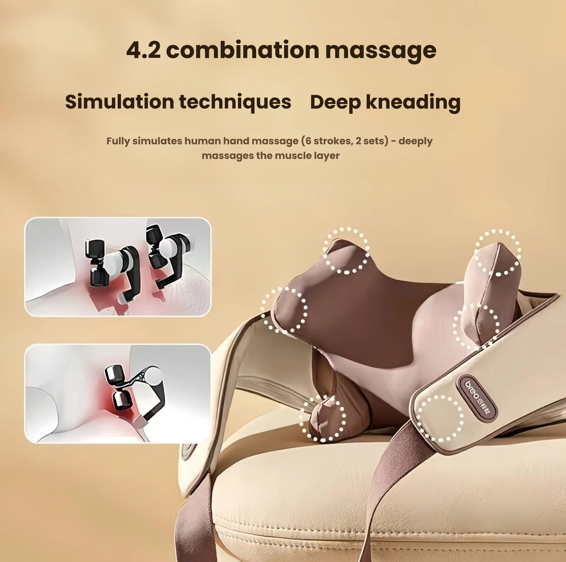 Diagram of the Breo 3D hands-free neck and shoulder massager highlighting its dual rotating nodes that simulate human hand massage with 6 strokes in 2 sets for deep kneading of muscle layers.