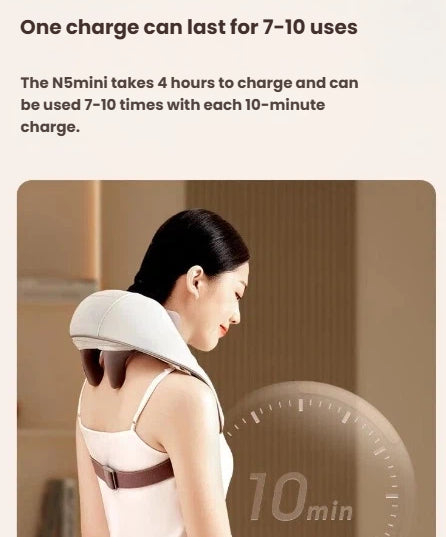 A woman wearing the Breo 3D hands-free neck and shoulder massager with a visual timer indicating 10-minute usage. The device offers up to 7–10 sessions per charge after a 4-hour full recharge.