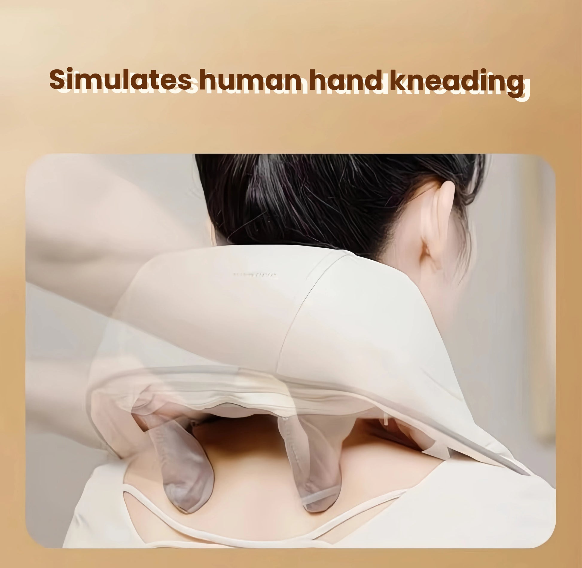 Back view of a woman using the Breo 3D neck and shoulder massager, showcasing how the dual massage heads mimic real human hand kneading for deep tissue relief and comfort.