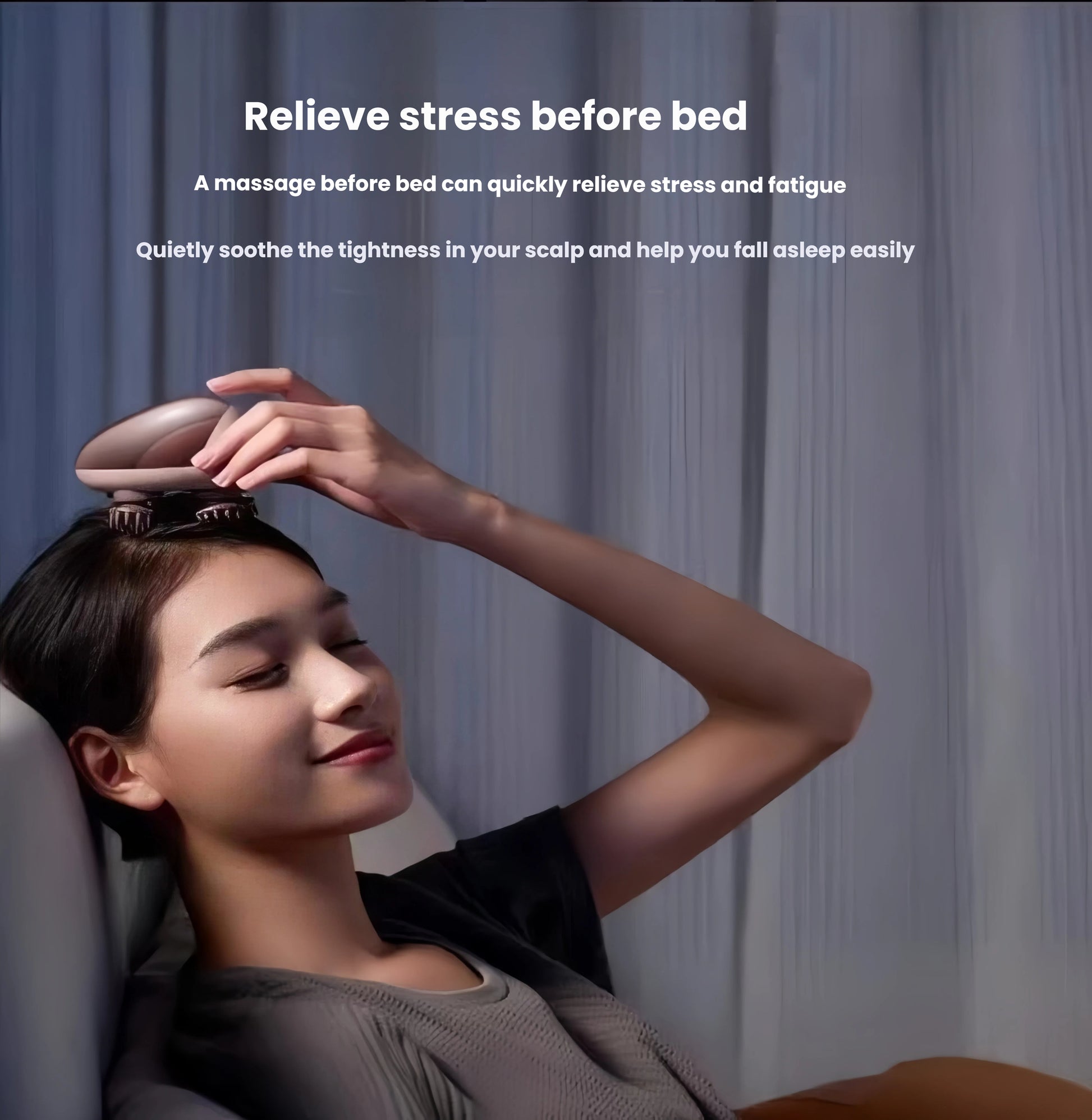 A woman using the Breo Scalp Mini on her head before bed. The device gently massages the scalp to relieve tension, reduce stress, and promote better sleep quality.