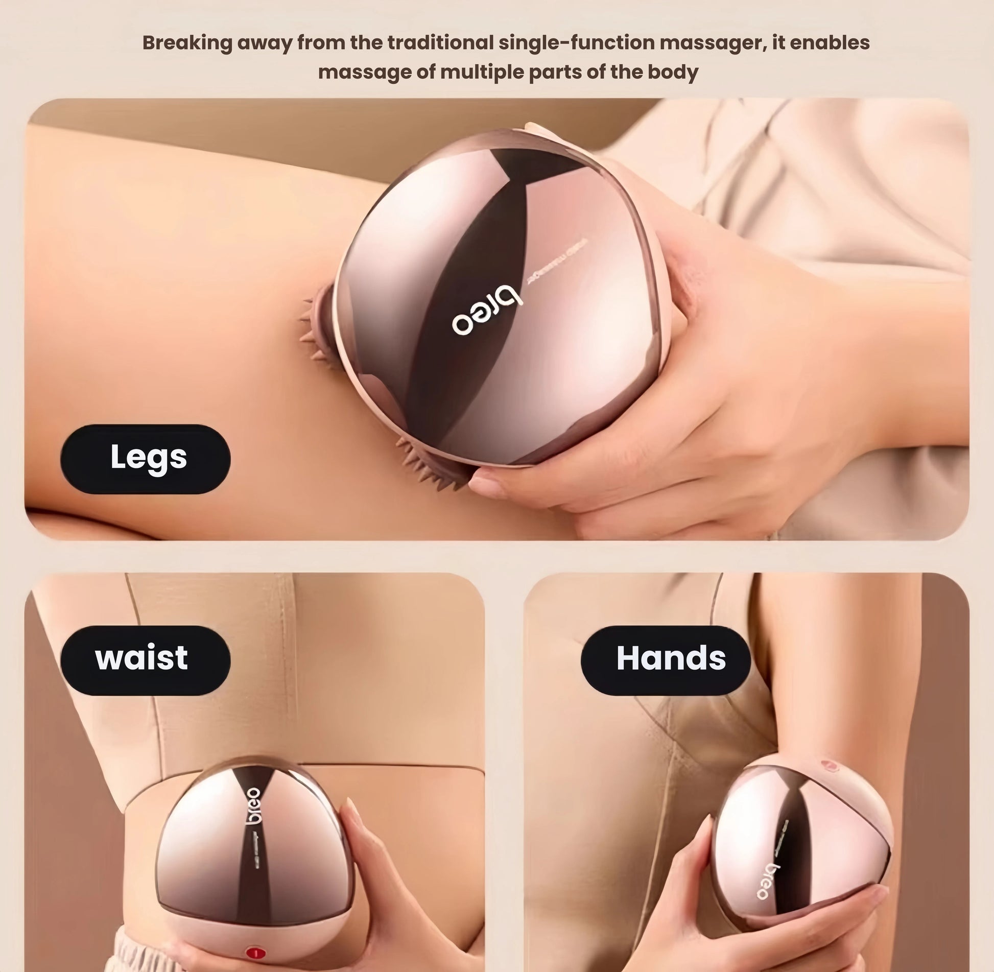 The Breo Scalp Mini being used on multiple body parts: legs, waist, and hands. Its flexible design allows for targeted muscle relief beyond the scalp, making it a multi-functional wellness tool.