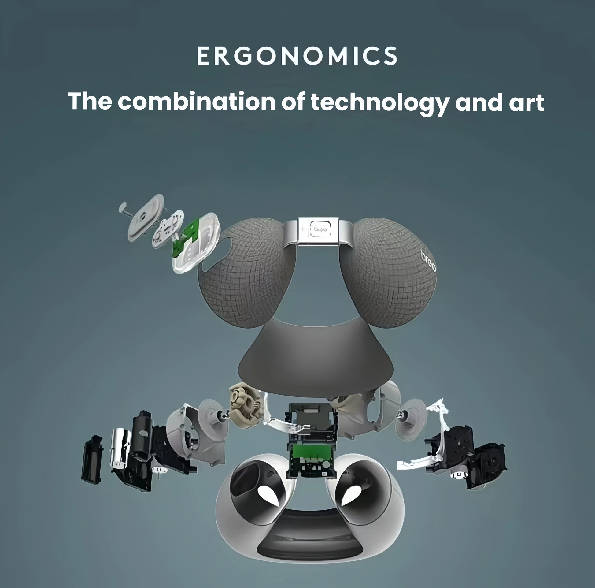 Exploded view of the Breo iNeck Air 2 showcasing its internal components: motor system, air chambers, control board, and ergonomic structure. Highlights the fusion of advanced technology and human-centered design.v