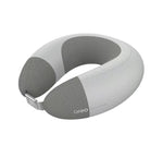 Front view of the Breo iNeck Air 2 inflatable neck massager in grey. The sleek C-shaped design features breathable mesh fabric and a press-type inflation valve for easy use.