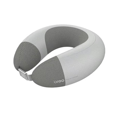 Front view of the Breo iNeck Air 2 inflatable neck massager in grey. The sleek C-shaped design features breathable mesh fabric and a press-type inflation valve for easy use.