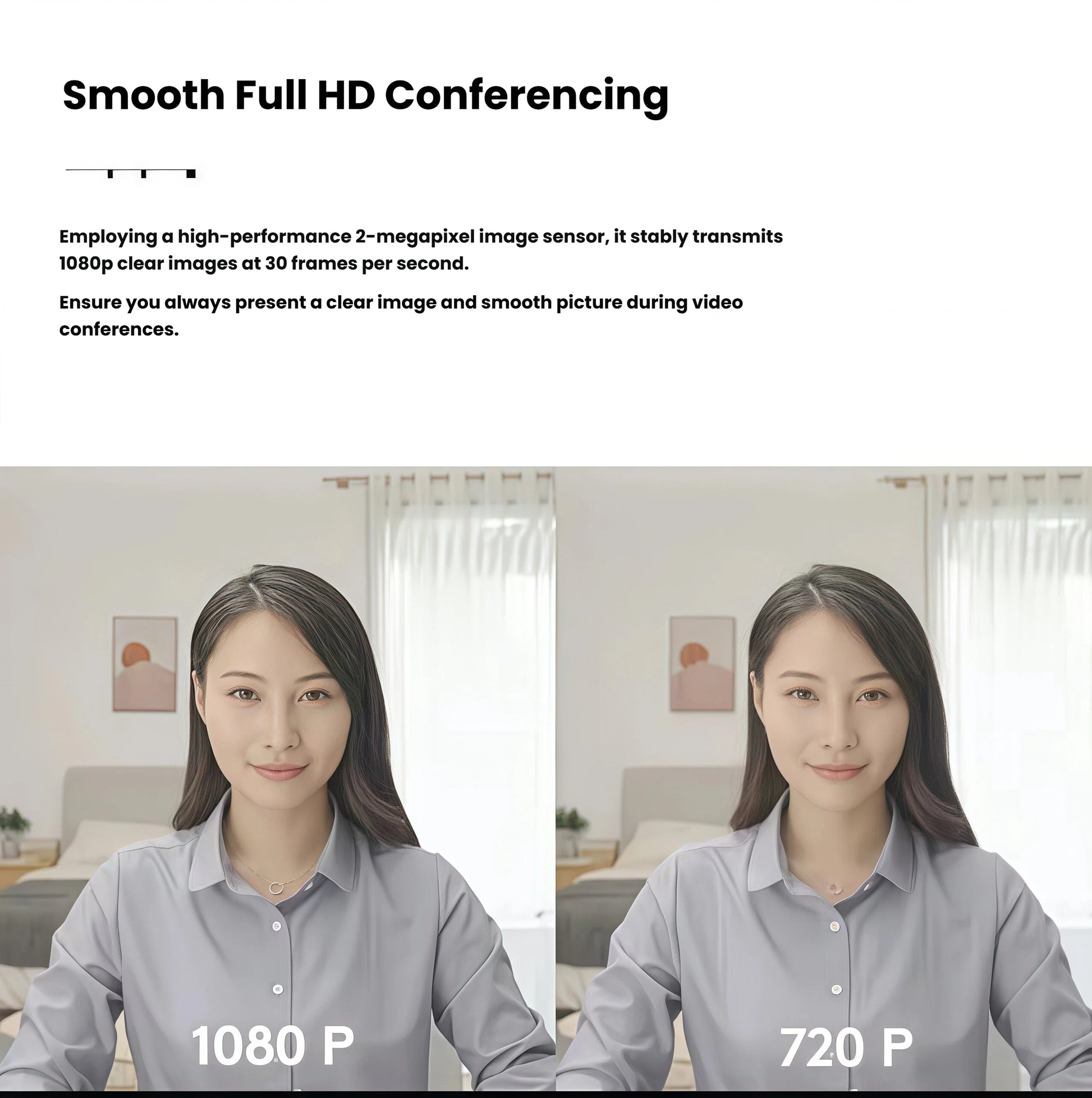 Split-screen comparison showing a woman on a video call; left side labeled “1080 P” is crisp, right side labeled “720 P” is softer, highlighting the Brio 300’s 1080p clarity.