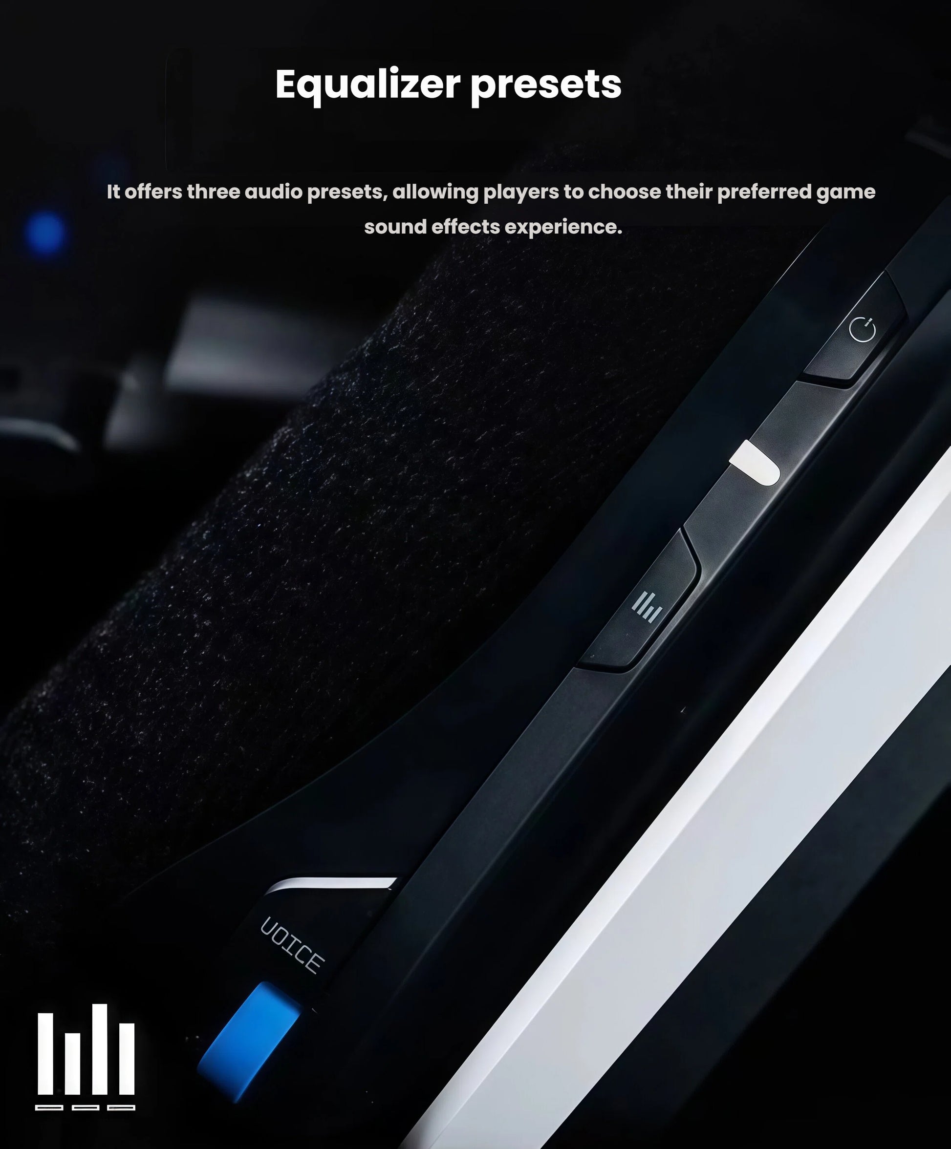 Detailed view of the ASTRO A20’s ear-cup buttons, showcasing the equalizer preset toggle for instant sound customization.