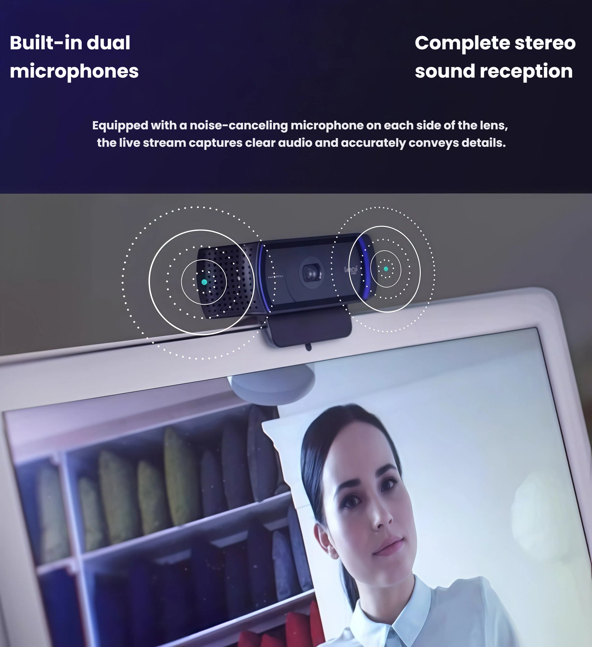 Close-up of the Logitech C922 webcam mounted on a laptop screen, illustrating the built-in dual microphones with sound-wave graphics.