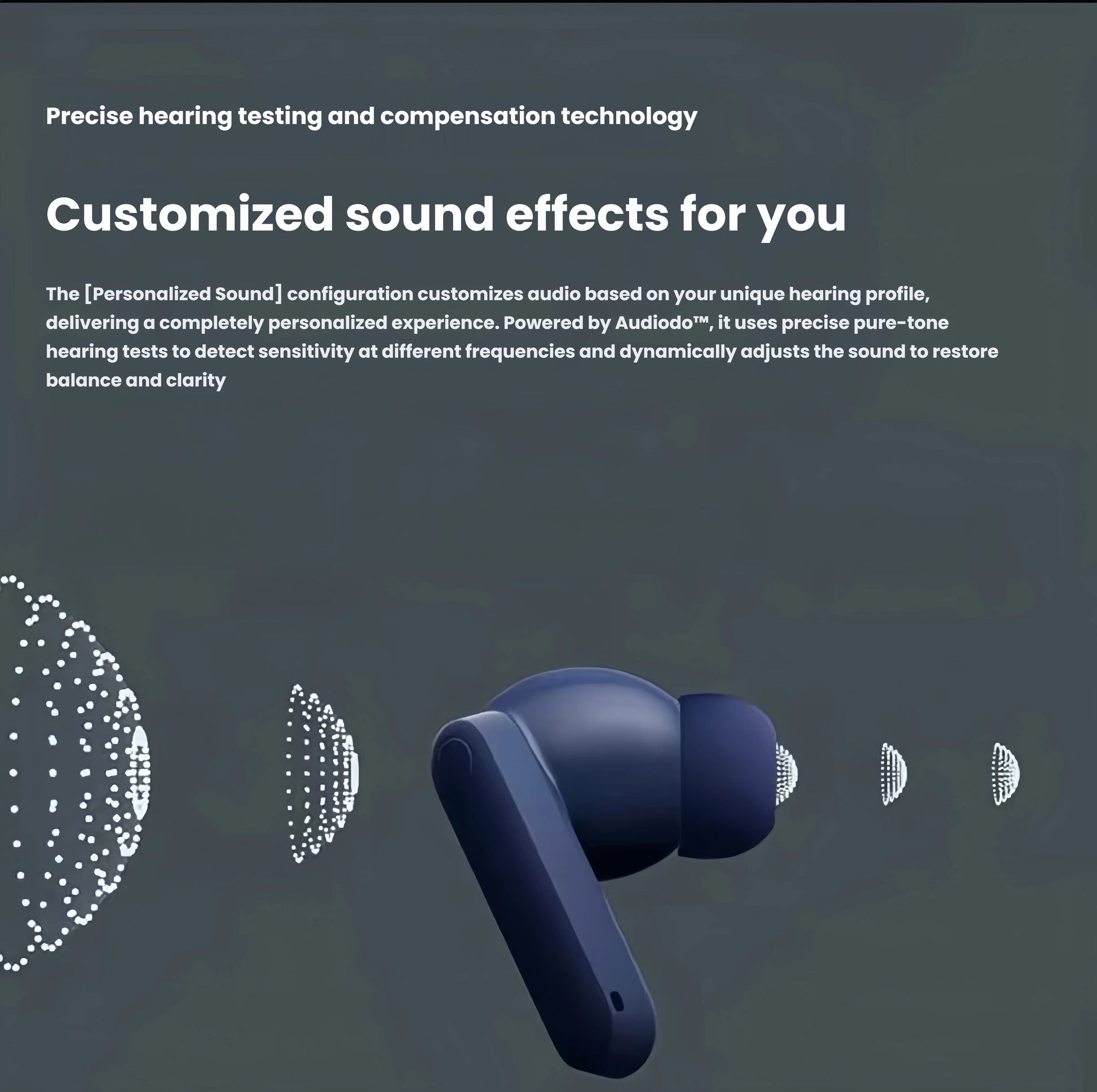 Feature graphic showing CMF Buds 2 Plus with personalized sound technology powered by Audiolo™, using precise hearing tests to deliver customized audio based on individual hearing profiles.