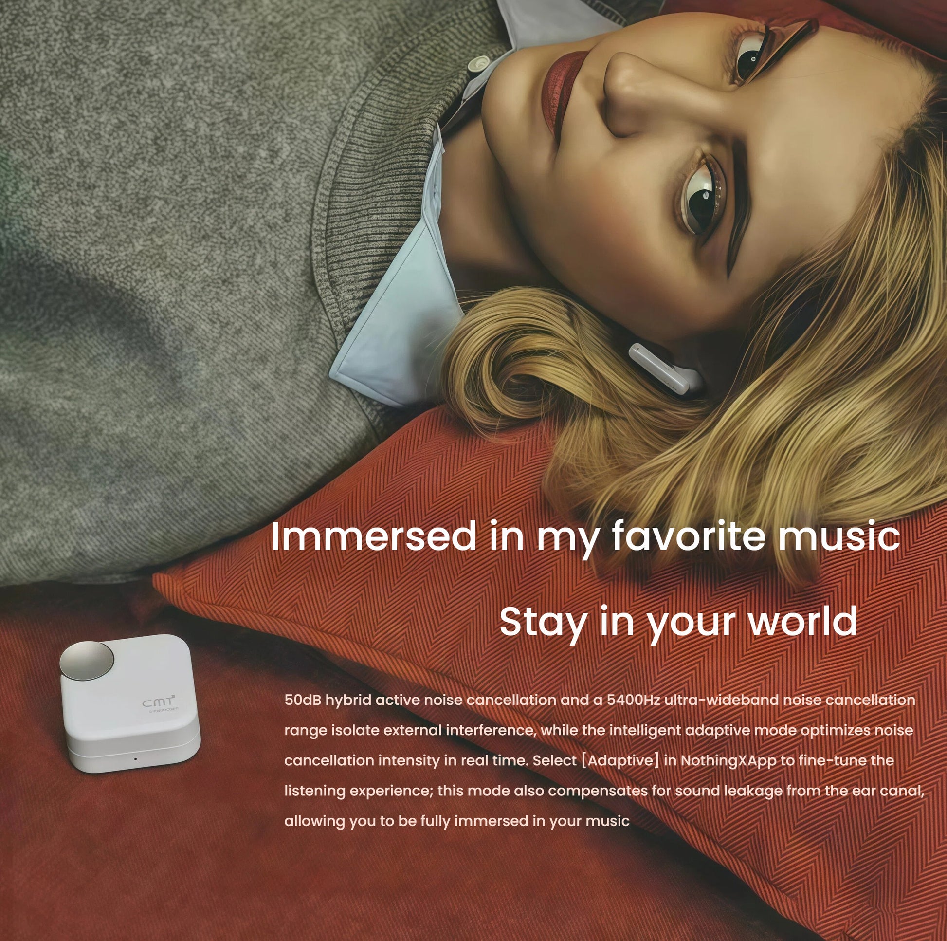 A woman relaxing on a red pillow wearing CMF Buds 2 Plus earbuds, fully immersed in music. The image highlights 50dB hybrid active noise cancellation and intelligent adaptive mode for uninterrupted listening.