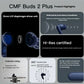 Infographic showcasing CMF Buds 2 Plus product highlights: 12mm LCP diaphragm driver, 50dB hybrid ANC, Hi-Res certification, 360° spatial audio, 6-mic system, and IP55 water resistance rating.
