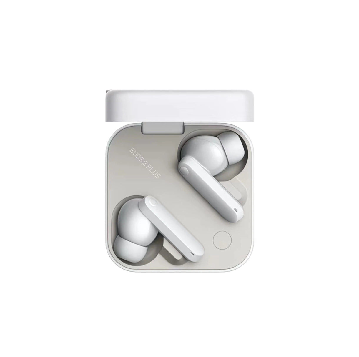 Top-down view of white CMF Buds 2 Plus true wireless earbuds inside their open charging case, showcasing minimalist design, ergonomic shape, and "BUDS 2 PLUS" branding on the interior.