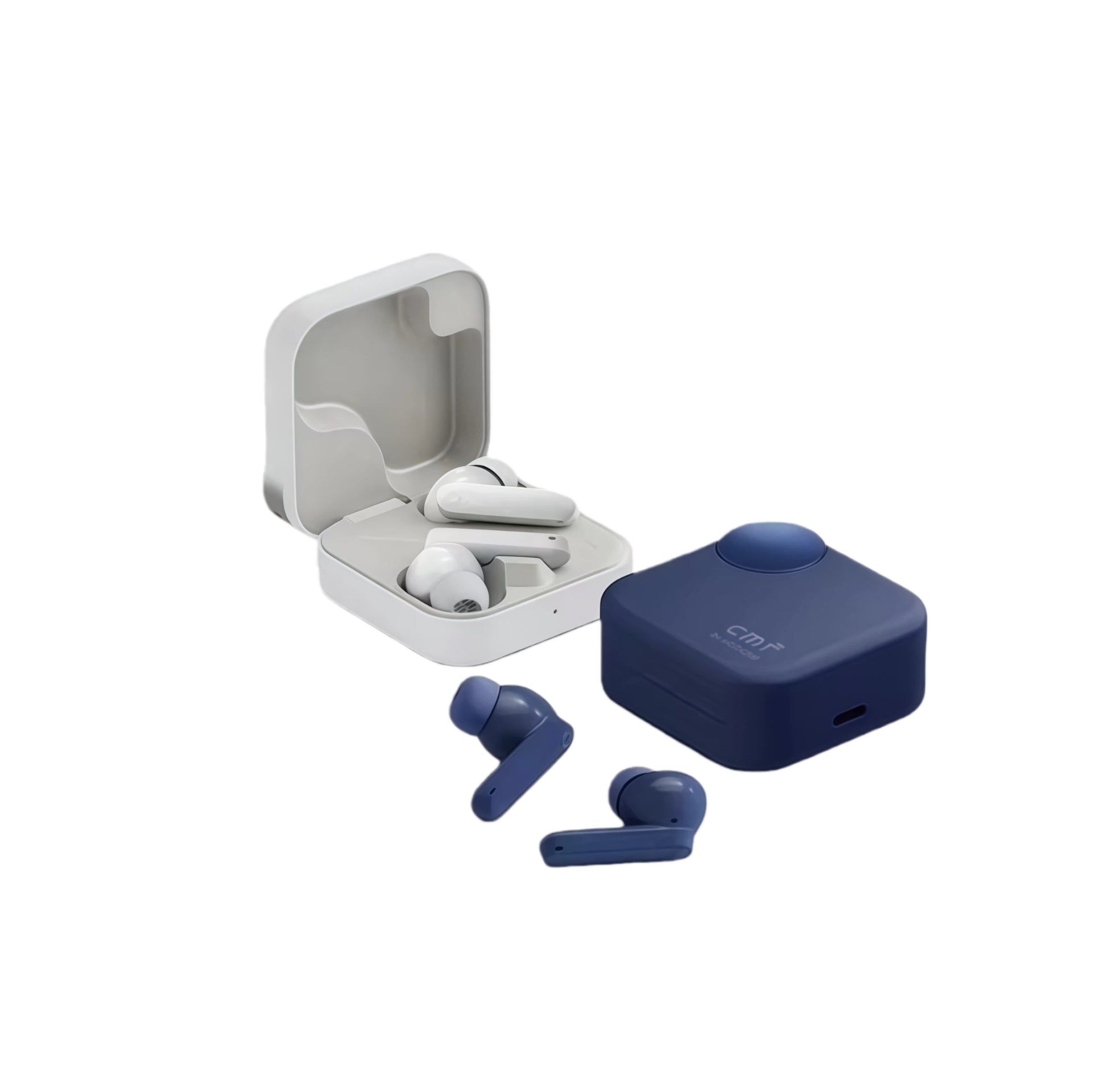 Dual-color display of CMF Buds 2 Plus earbuds — white and navy blue — shown with their respective charging cases, emphasizing portability, style, and premium build quality.