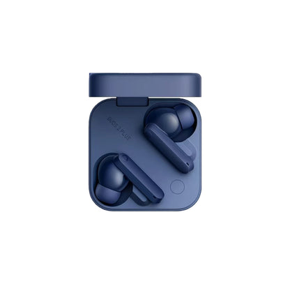 Navy blue CMF Buds 2 Plus earbuds neatly placed in their matching charging case, highlighting sleek matte finish, modern design, and compact form factor ideal for daily use.