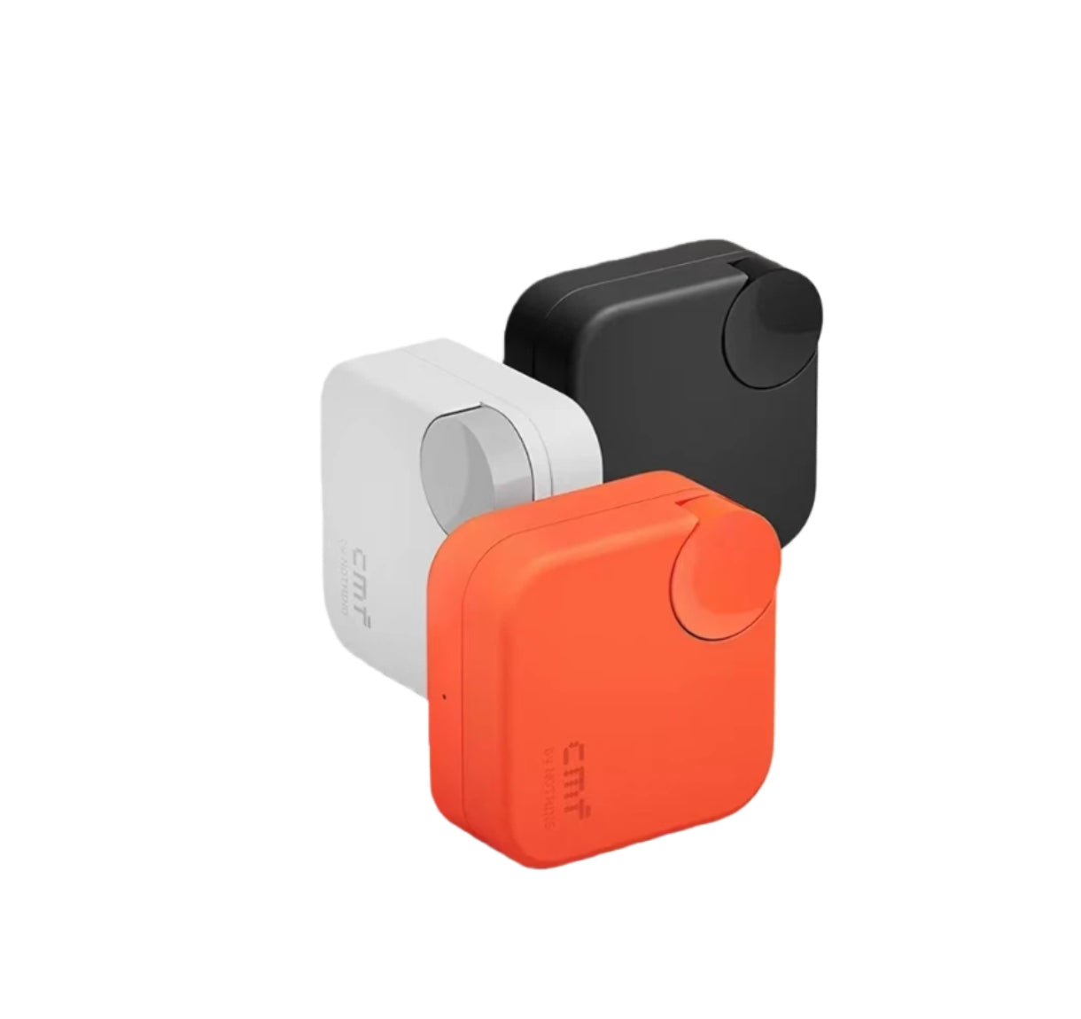 Three CMF Buds 2a charging cases stacked together — orange, white, and black — showcasing the full color range, compact square design, and consistent branding across variants.