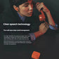 A woman wearing orange CMF Buds 2a on a phone call, demonstrating clear speech technology. The image highlights four HD microphones and Wind Noise Reduction 2.0 for crisp voice transmission in noisy environments.