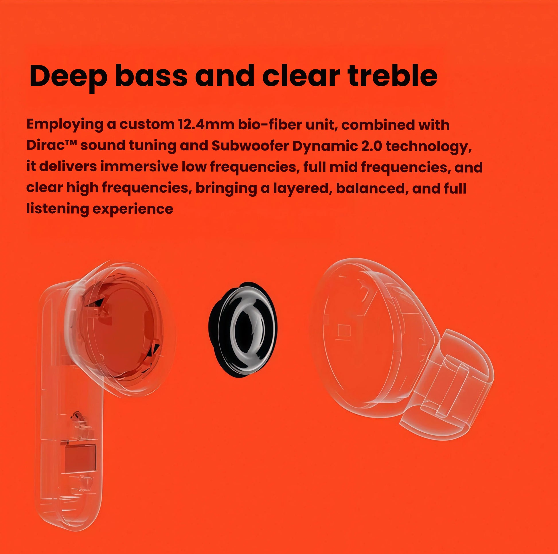 Transparent diagram of the CMF Buds 2a earbud showing internal components: custom 12.4mm bio-fiber unit, Dirac™ sound tuning, and Subwoofer Dynamic 2.0 technology for balanced bass, midrange, and treble clarity.