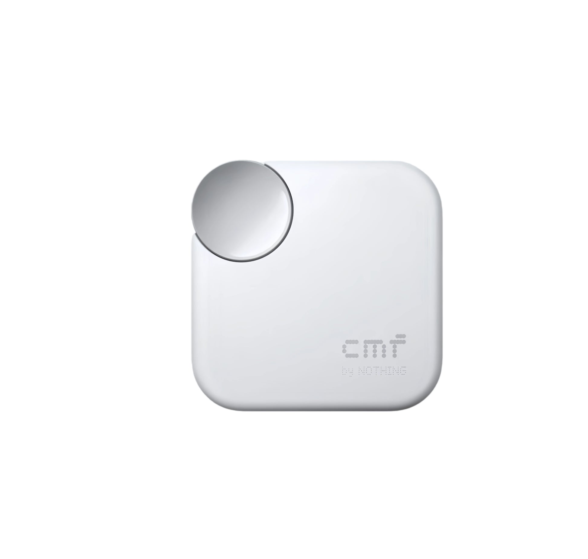 White CMF Buds 2a charging case with minimalist design, metallic rotating control knob, and embossed "cmf by NOTHING" logo, showcasing premium build quality and modern aesthetics.