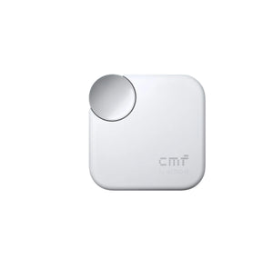 White CMF Buds 2a charging case with minimalist design, metallic rotating control knob, and embossed "cmf by NOTHING" logo, showcasing premium build quality and modern aesthetics.